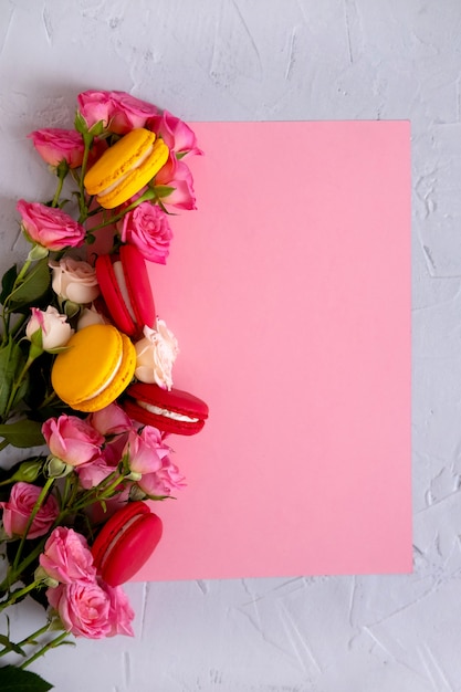 Valentine's Day background. Roses on pastel pink background. Valentines day . Flat lay, top view, copy space.