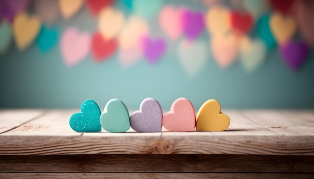 valentine's day background with empty wooden table for product display, bokeh lights