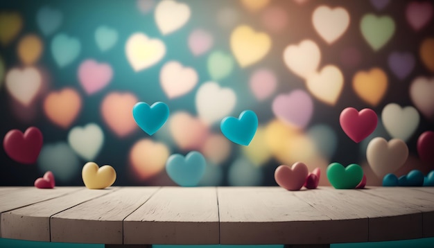 valentine's day background with empty wooden table for product display, bokeh lights