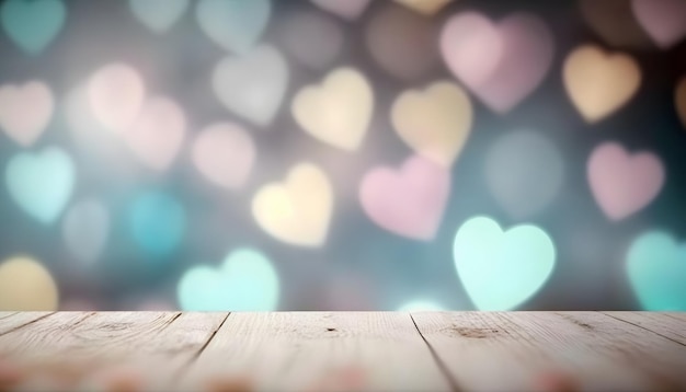 valentine's day background with empty wooden table for product display, bokeh lights