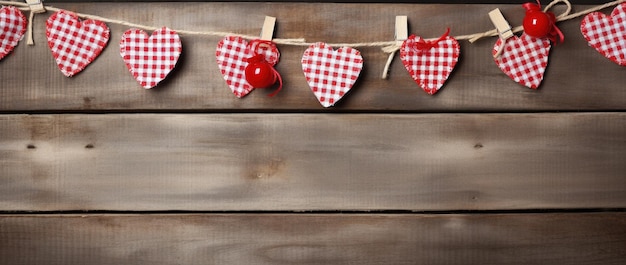 Valentine's day background with hearts and clothespins on wooden wall