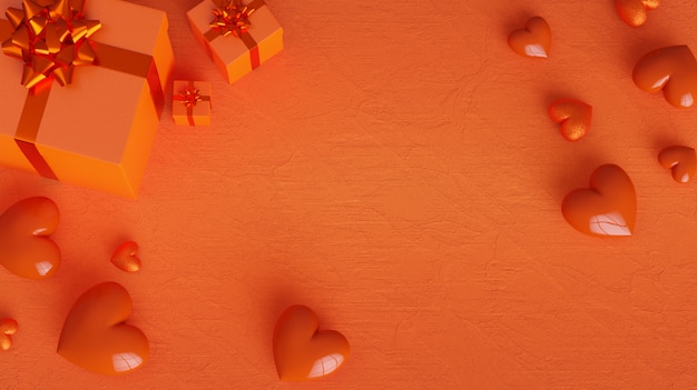 Valentine's Day background with orange hearts and gift boxes