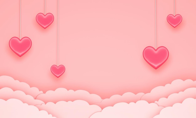 Valentine's Day background with pink hearts above the clouds. 3d rendering