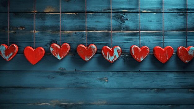 Valentine's day background with red hearts on blue wooden wallgenerative ai