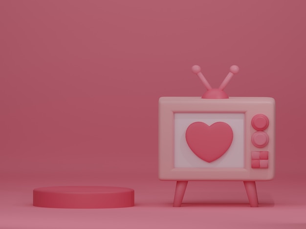 Valentine's day banner with retro television on pink backdrop. 3D rendering.