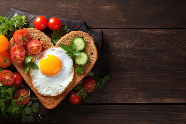 Valentine s Day breakfast heart shaped fried eggs bread and fresh veggies top view