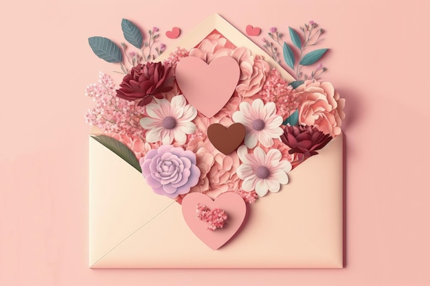 Valentine's Day concept Flat lay top view with pink blooms hearts and envelope on pastel pink backdrop Fantasy concept Illustration painting Generative AI