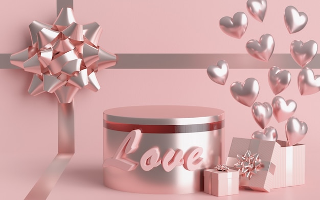 The Valentine's Day concept pallet has a gift box. Pastel pink heart balloon and pastel.3D rendering.