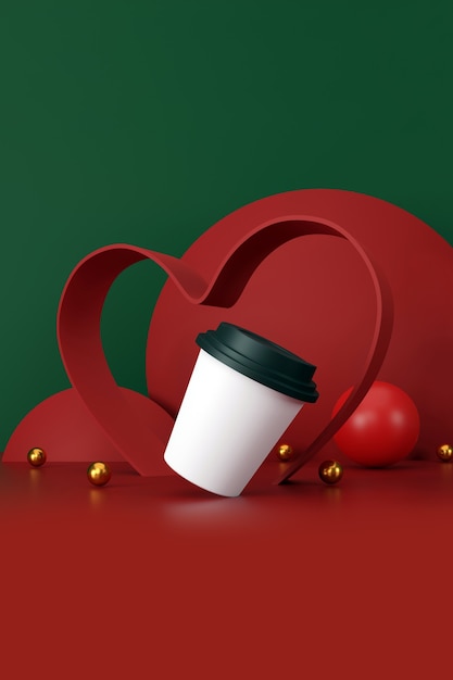 Valentine's day concept. white cup of coffee on green and red background. 3D illustration