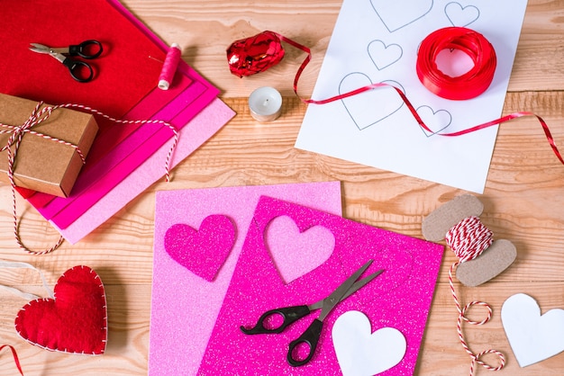 Valentine's day crafting, diy hearts and decorations made of foamiran and felt