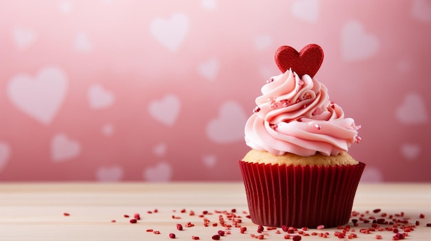 Valentine's day cupcake with heart on top over pink background Generative AI