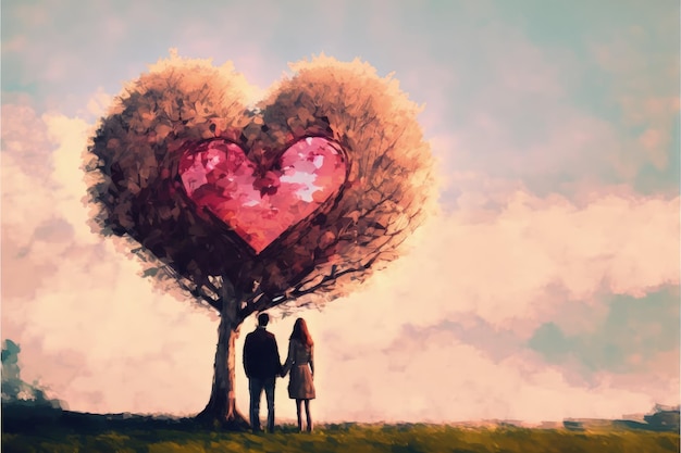 Valentine's Day drawing of couple by heartshaped tree Fantasy concept Illustration painting Generative AI