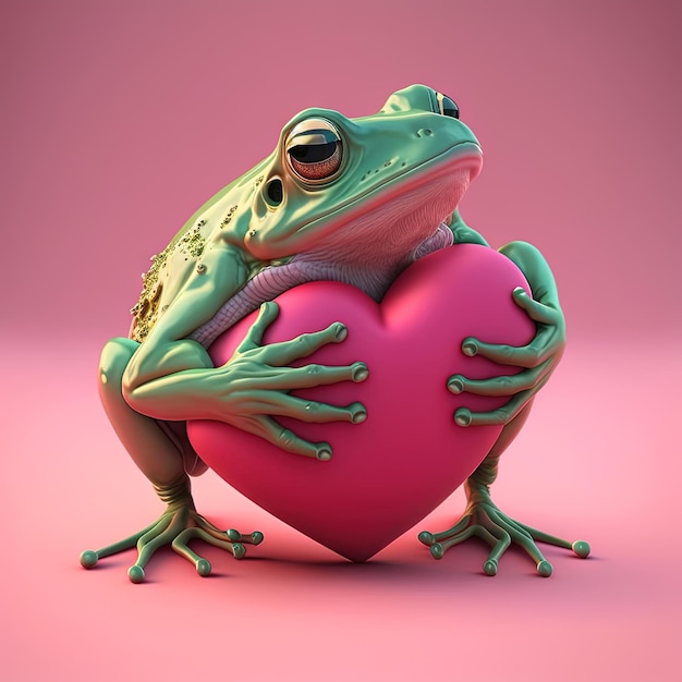 Valentine's Day greeting card with frog holding heart Romantic frog offers love by hugging heart Generative AI