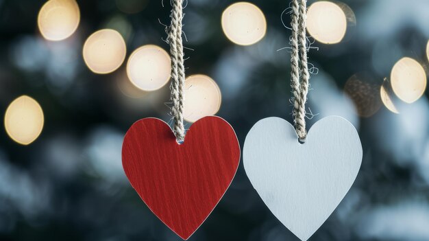 Photo valentine s day heart shaped gift tags on rope with festive bokeh background for discounts