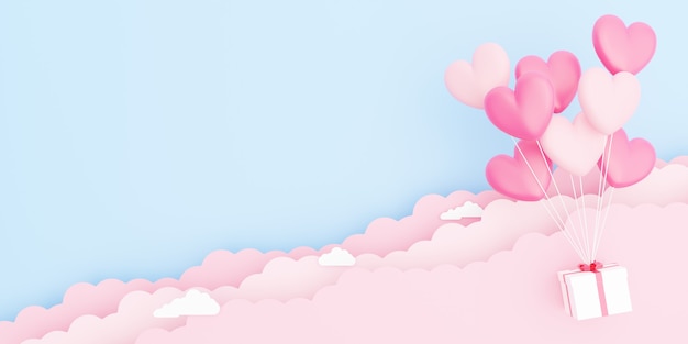 Valentine's day, love concept background, 3D illustration of pink heart shaped balloons bouquet with gift box floating in the sky with paper cloud with blank space