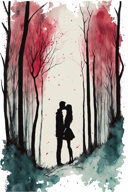 Valentine's Day lovers kissing in a Valentine forest art in watercolor