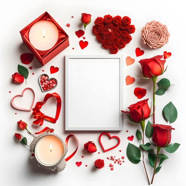 Valentine's Day photo frame candles hearts flowers roses on a white background