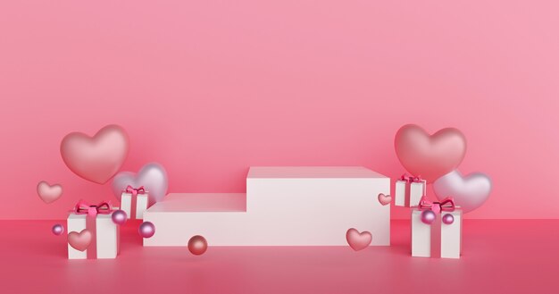 Valentine's day podium for a product with a hearts 3D rendering.