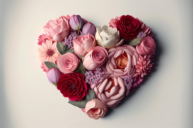 Valentine's Day Romantic heart shape made from flowers leaves of roses Generative AI