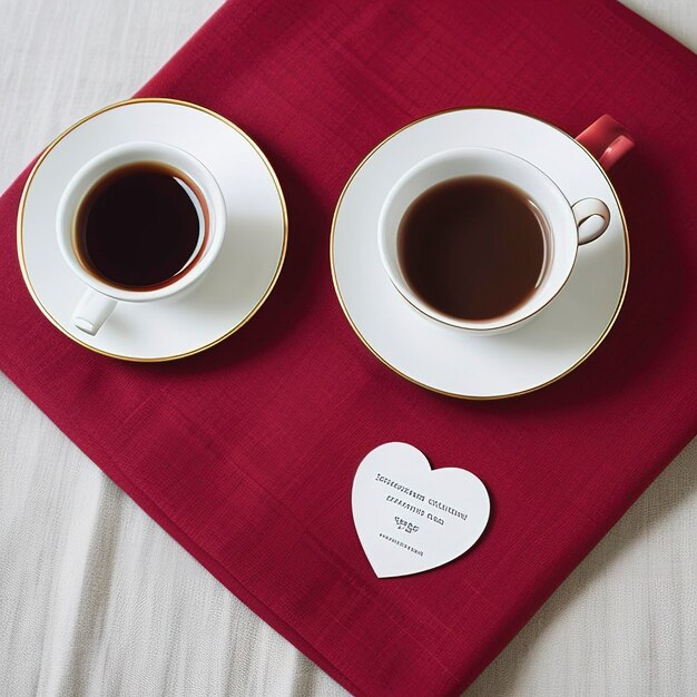 Valentine's day tea set with cup of coffee couple red hearts and greeting card