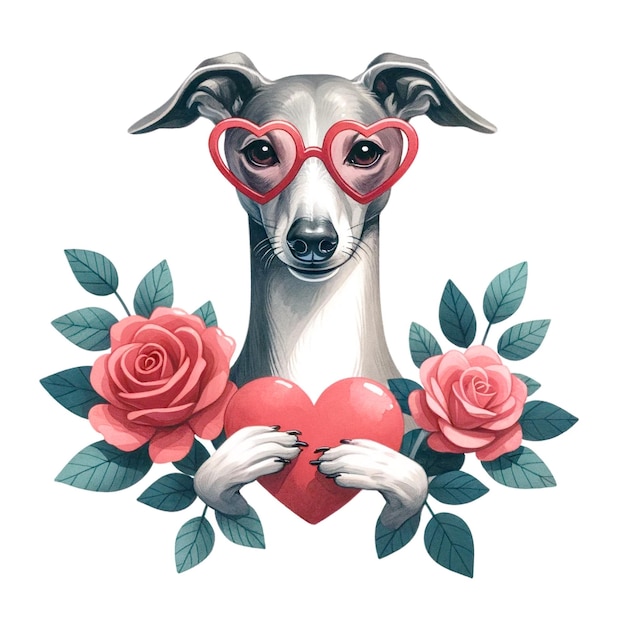 Valentine whippet portrait holding heart in paws