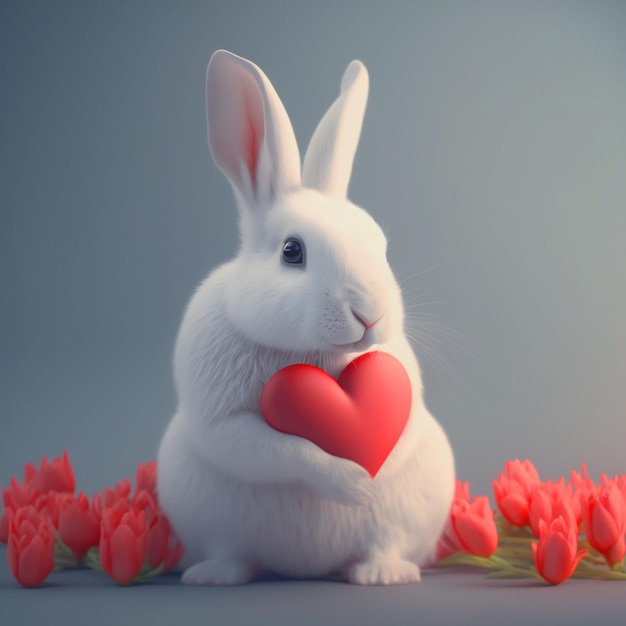 Valentine39s Day White rabbit holding heart Generative AI