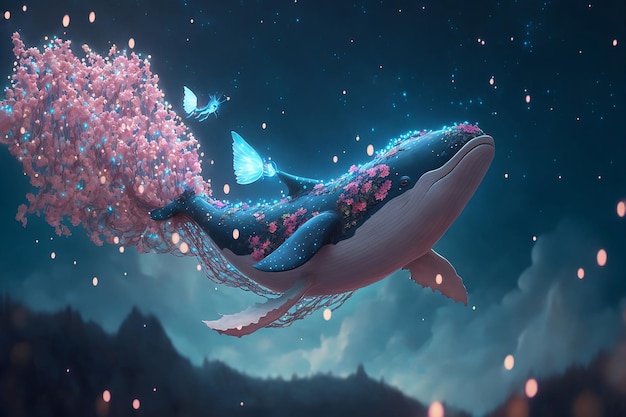 Valentines background of Blue whale in ocean with lovely heart flying in the air with Generative AI