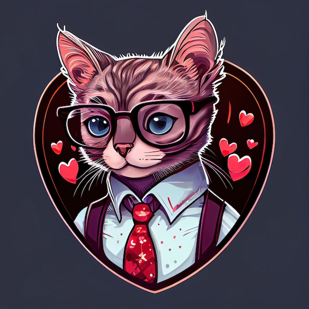 Valentines cat in glass and office suit Greeting cards Tshirt design Generative AI