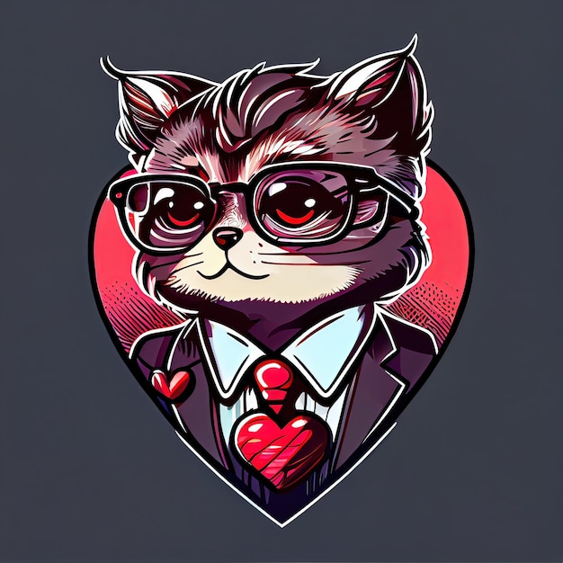 Valentines cat in glass and office suit Greeting cards Tshirt design Generative AI