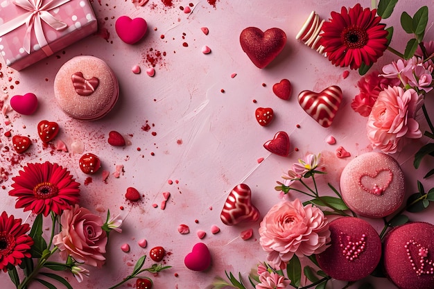 Valentines Celebration with Hearts and Pink Flowers