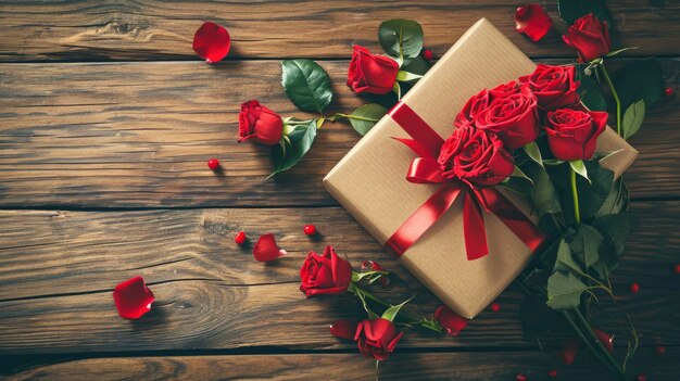 Valentines concept with bouquet of roses and wrapped gift box on wooden table