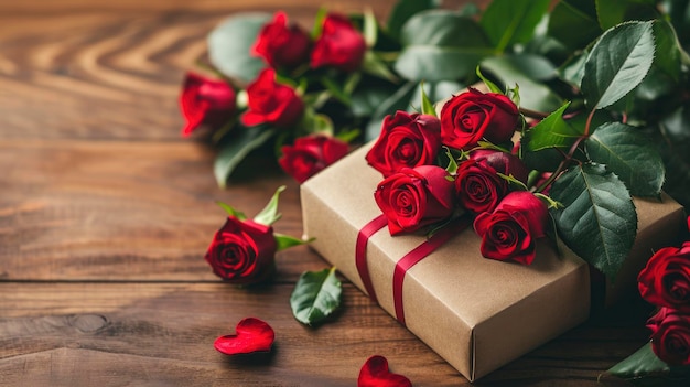 Valentines concept with bouquet of roses and wrapped gift box on wooden table