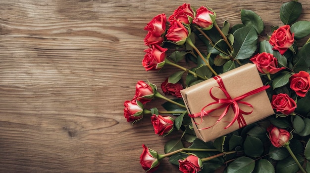 Valentines concept with bouquet of roses and wrapped gift box on wooden table