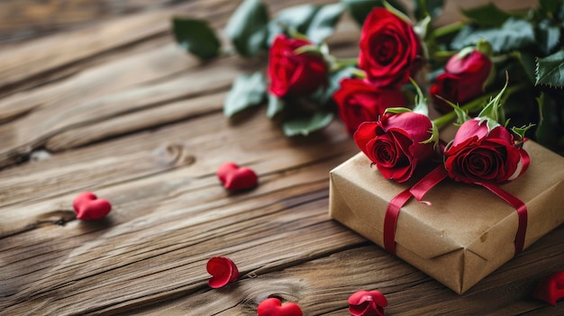 Valentines concept with bouquet of roses and wrapped gift box on wooden table