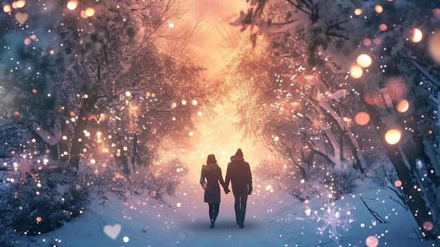 Valentines Day background featuring a couple strolling hand with the soft glow of snow