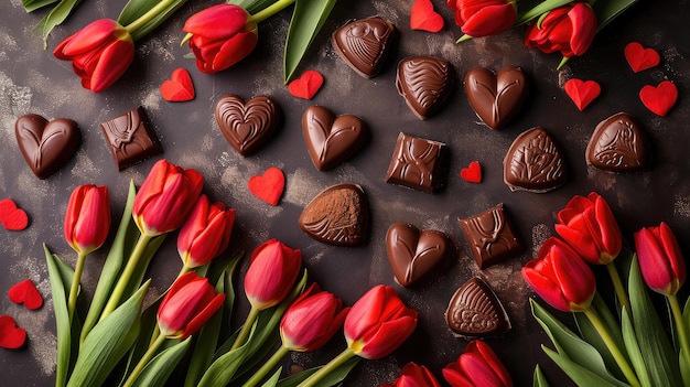 Valentines Day background with chocolates hearts and red tulips