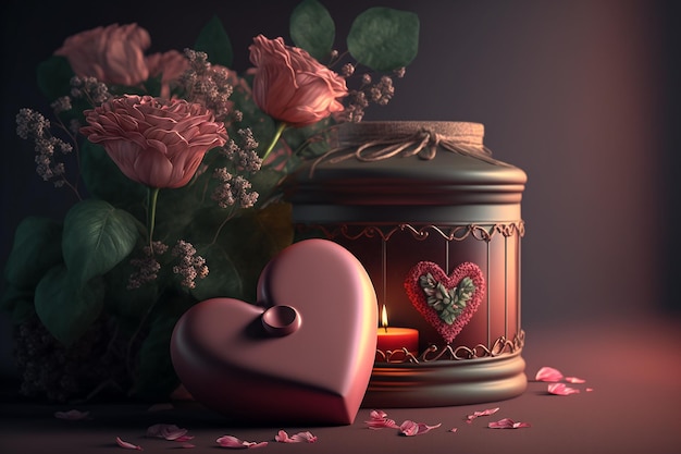 Valentines day background with gift strawberries flowers and candle Generative AI