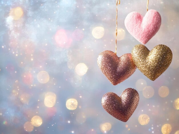 Photo valentines day background with golden and pink hearts