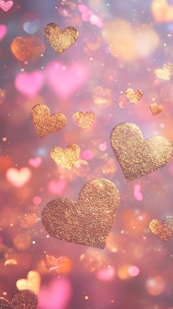 Photo valentines day background with golden and pink hearts