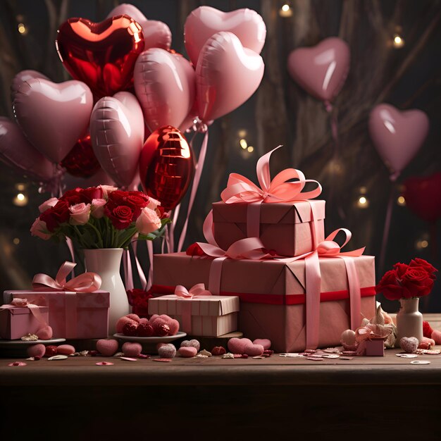 Valentines Day background with heart shaped balloons and gift boxes