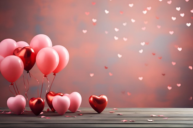 Valentines day background with heart shaped balloons and hearts