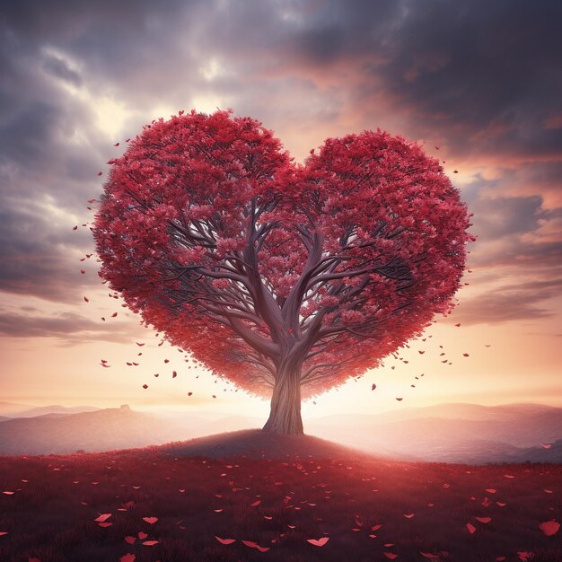 Valentines day background with heart tree and falling leaves