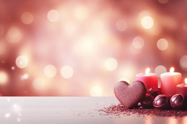 Valentines Day background with hearts and candles on bokeh background