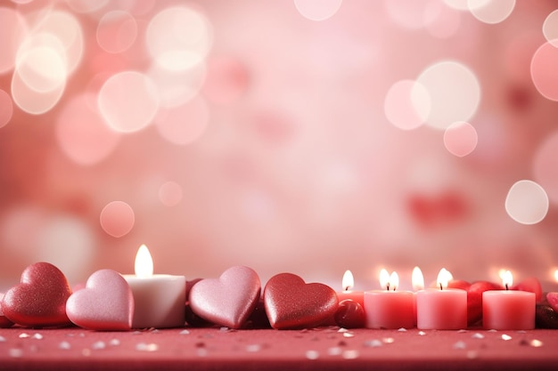 Valentines Day background with hearts and candles on bokeh background