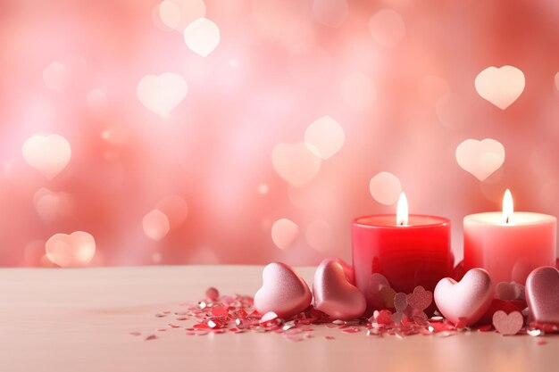 Valentines Day background with hearts and candles on bokeh background