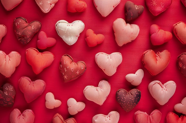 Valentines day background with hearts on a red background