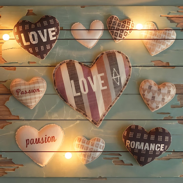 Valentines Day background with patterned textile hearts on old wooden