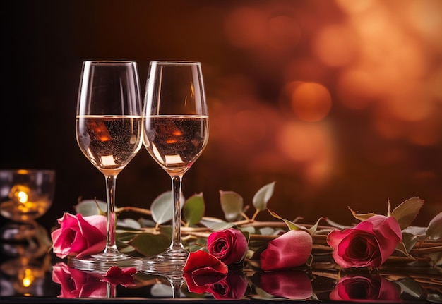 Valentines day background with pink champagne glasses and roses