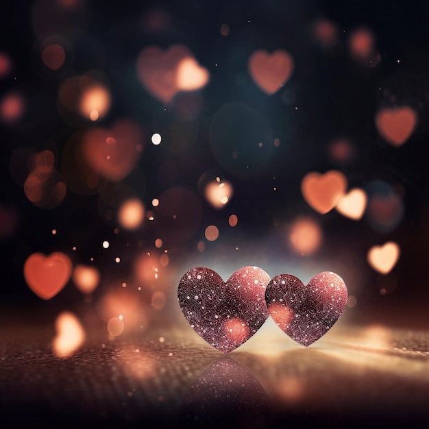 Valentines day background with red hearts on bokeh background