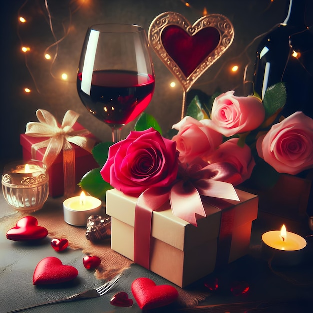 Valentines day background with rose red hearts glass and gift box on wooden table